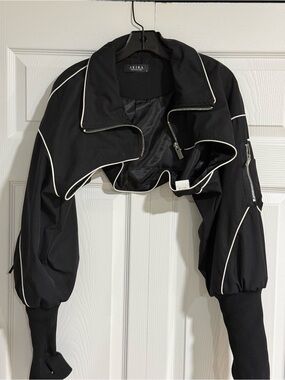 Akira Black Cropped Bomber Jacket with White Piping